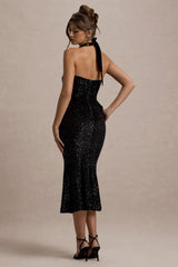 Adee | Black Sequin Velvet Halter-Neck Midi Dress With Bow