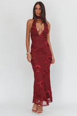 Cipriana Backless Halter Maxi Dress Embellished Wine