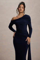 Valina | Navy Ruched Asymmetric Maxi Dress With Drape