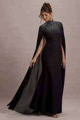 The Shallows | Black Embellished High-Neck Maxi Dress With Chiffon Cape