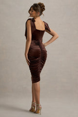 Tarna | Brown Velvet Midi Dress With Bow Straps