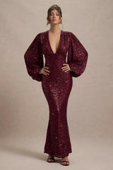 Kaelin | Berry Sequin Plunge-Neck Maxi Dress