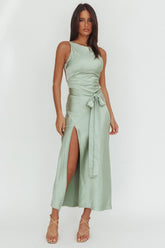 Standing By Backless Waist Tie Maxi Dress Sage