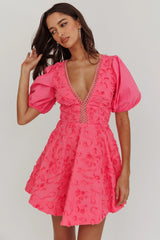Samsara Puff Sleeve Mini Dress Hot Pink