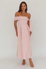 Aurora Sky Off-Shoulder Box Pleat Midi Dress Pink
