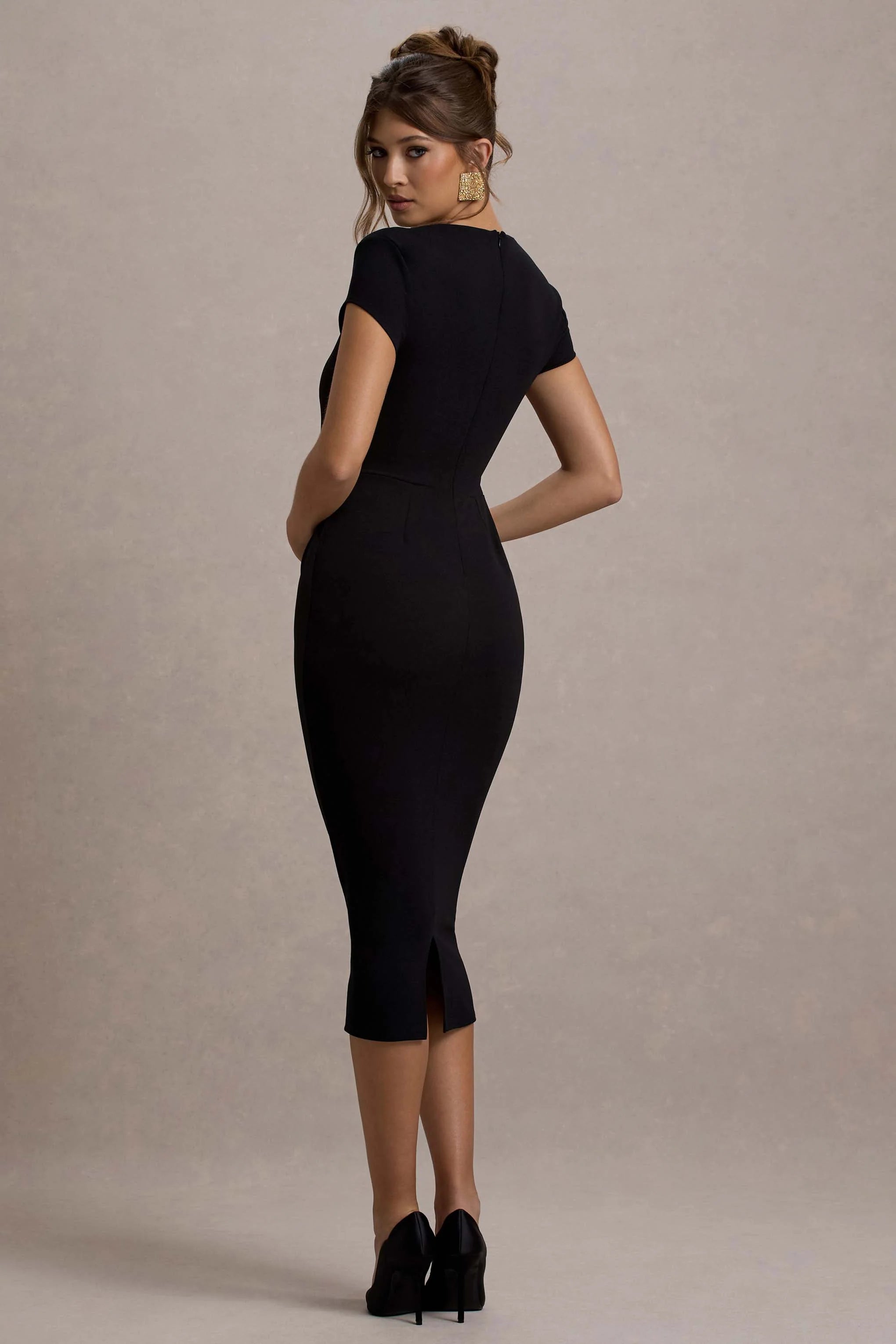 Lorenzie | Black Square-Neck Short-Sleeve Twist Midi Dress
