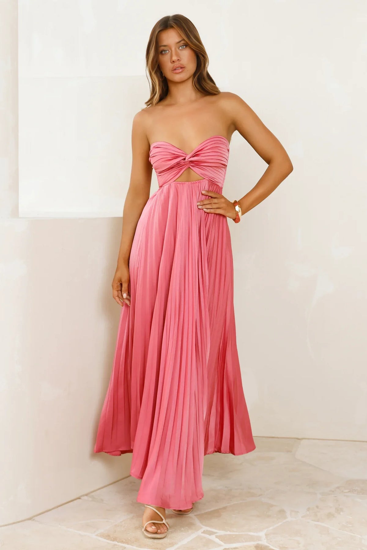 Vibes Are Priceless Strapless Satin Pleated Maxi Dress