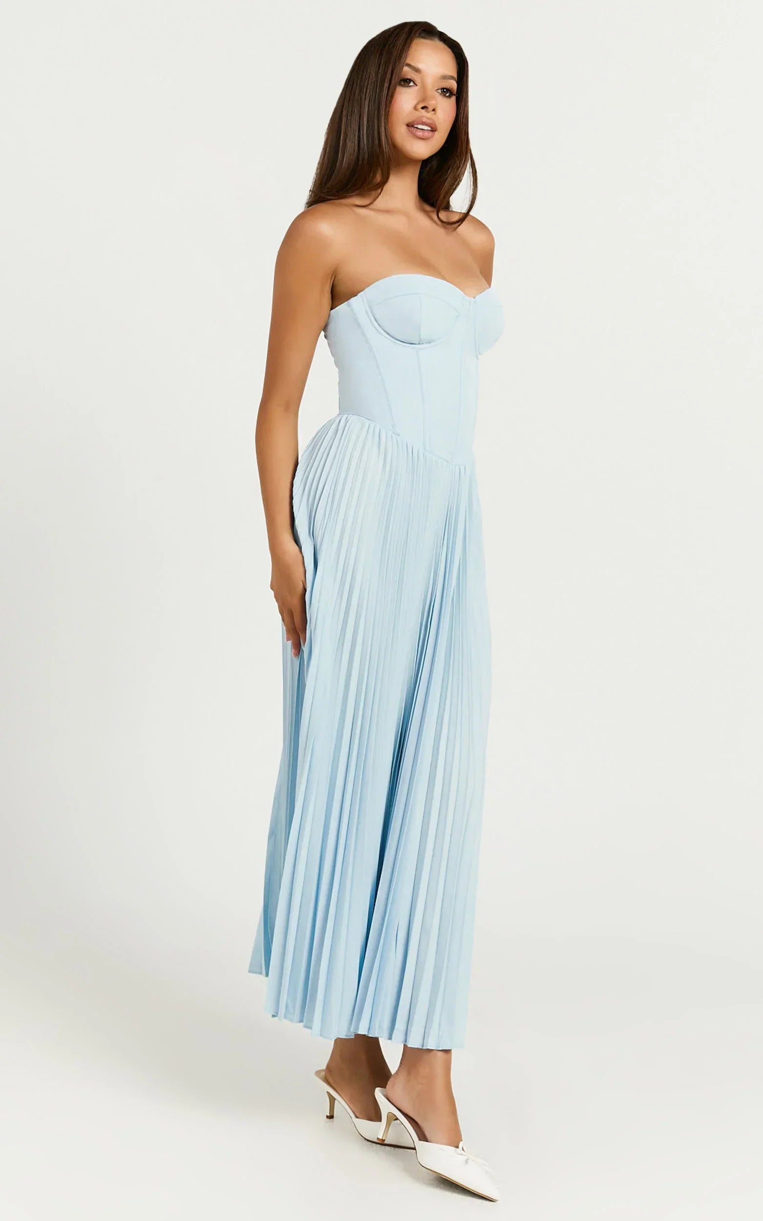 Loretta Midi Dress Lace Up Back Bustier Pleated Dress in Light Blue