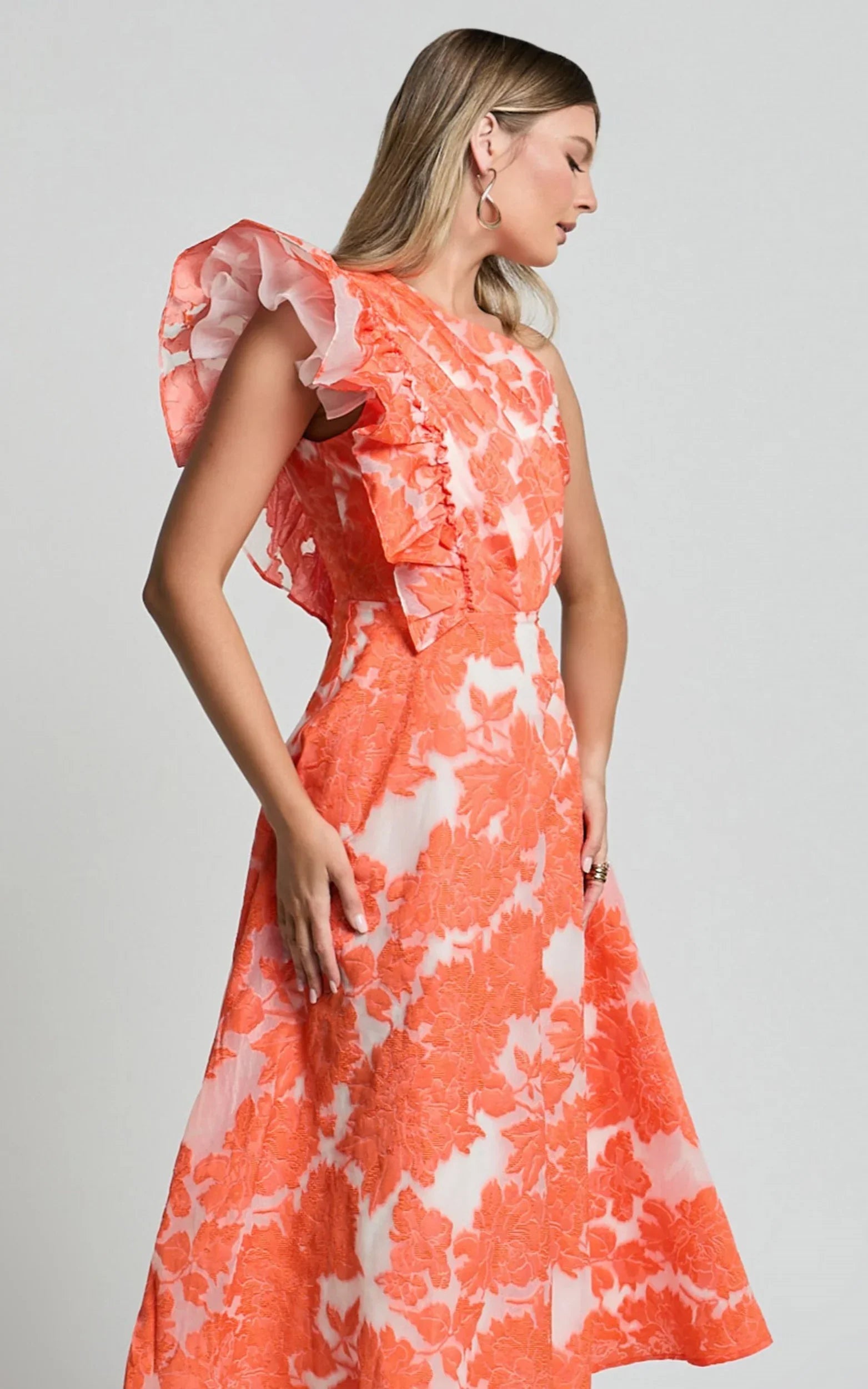 Alfreda Midi Dress One Shoulder Ruffle Detail Brailey Jacquard Dress in Orange