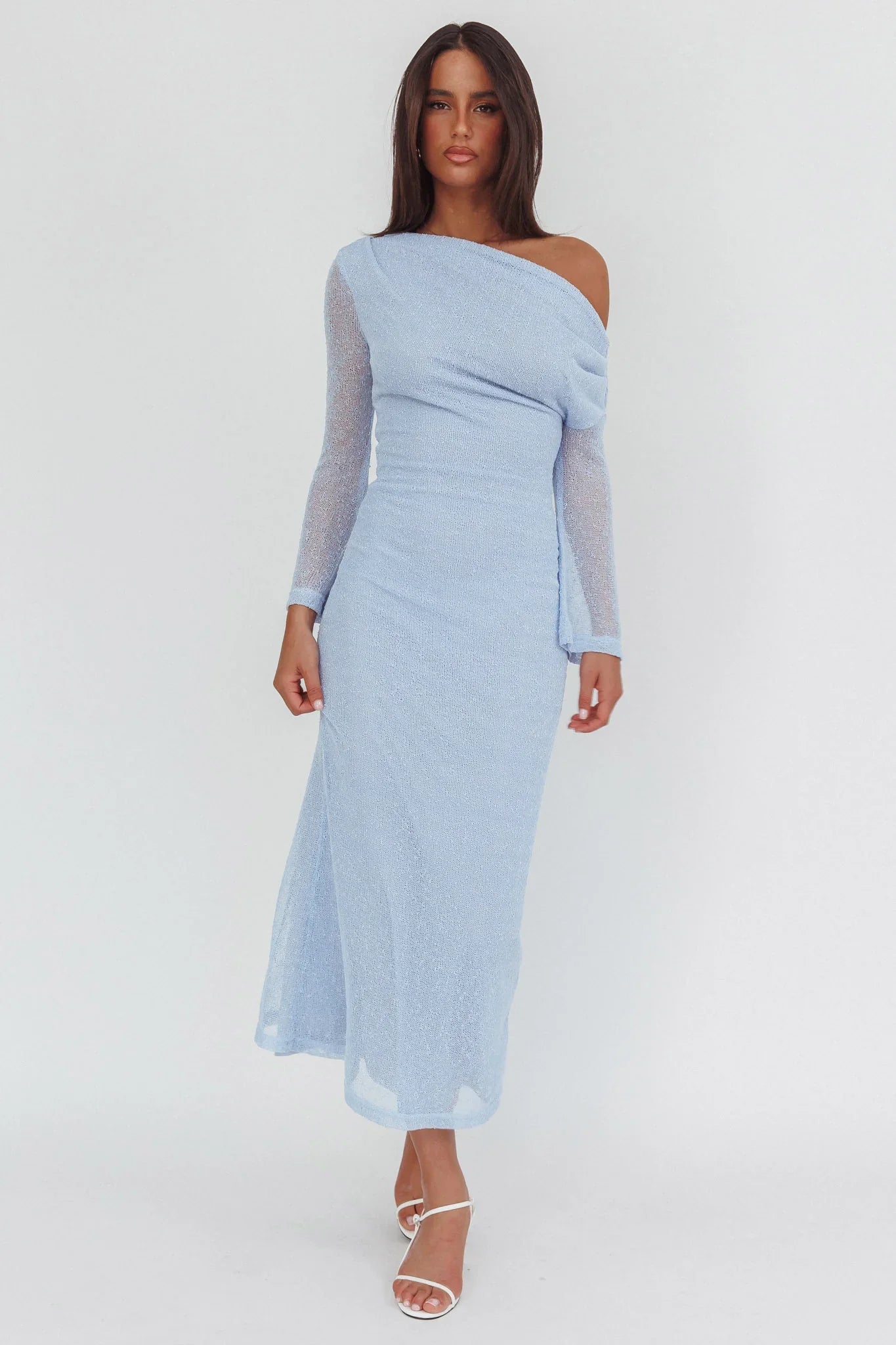 Alivya Asymmetric Neckline Knit Maxi Dress Blue