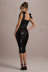 Solaria | Black Sequin Midi Dress With Bow Straps