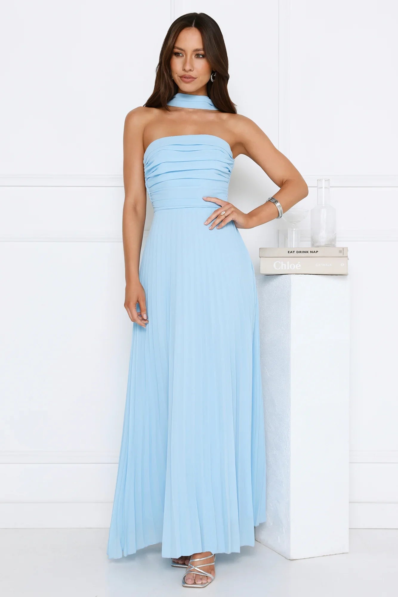 Sugar Babe Strapless Pleated Maxi Dress Blue
