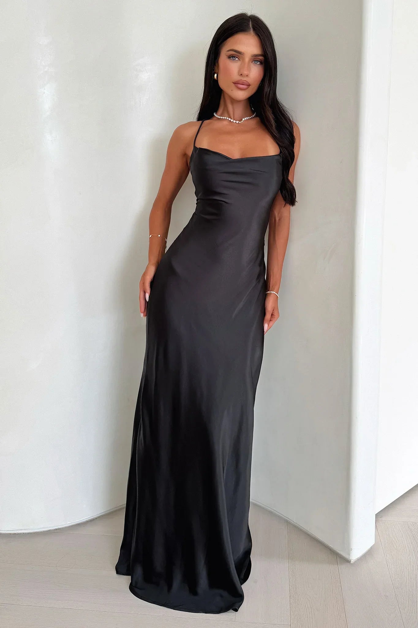 Starlette Cowl Neck Satin Maxi Dress - Black