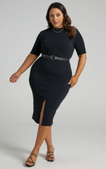 Tall Tales Midi Dress - Bodycon Centre Split Dress in Black