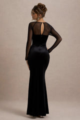 Ashby | Black Velvet Embellished Square-Neck Split Maxi Dress