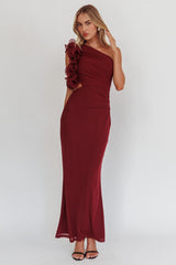 Deanna One-Shoulder Ruffle Maxi Dress Wine