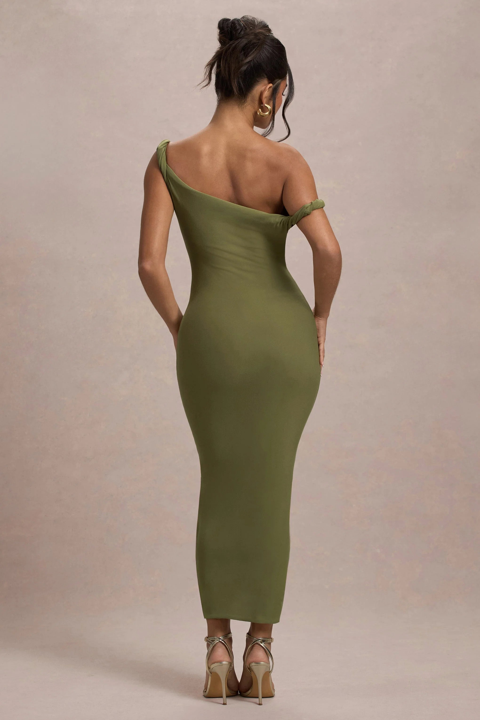 Salome | Olive Twisted Asymmetric Midi Dress