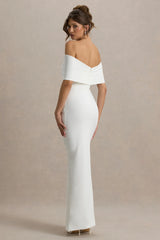 Eva | White Bardot Bow Detail Maxi Dress With Thigh Split
