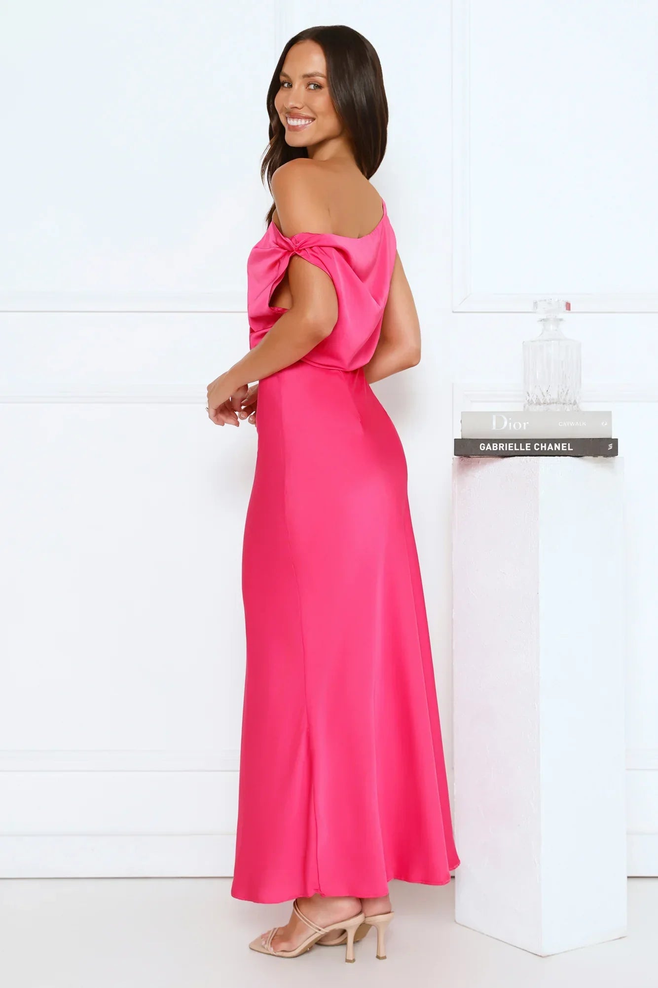 Late Night Luxe Off Shoulder Satin Maxi Dress Pink