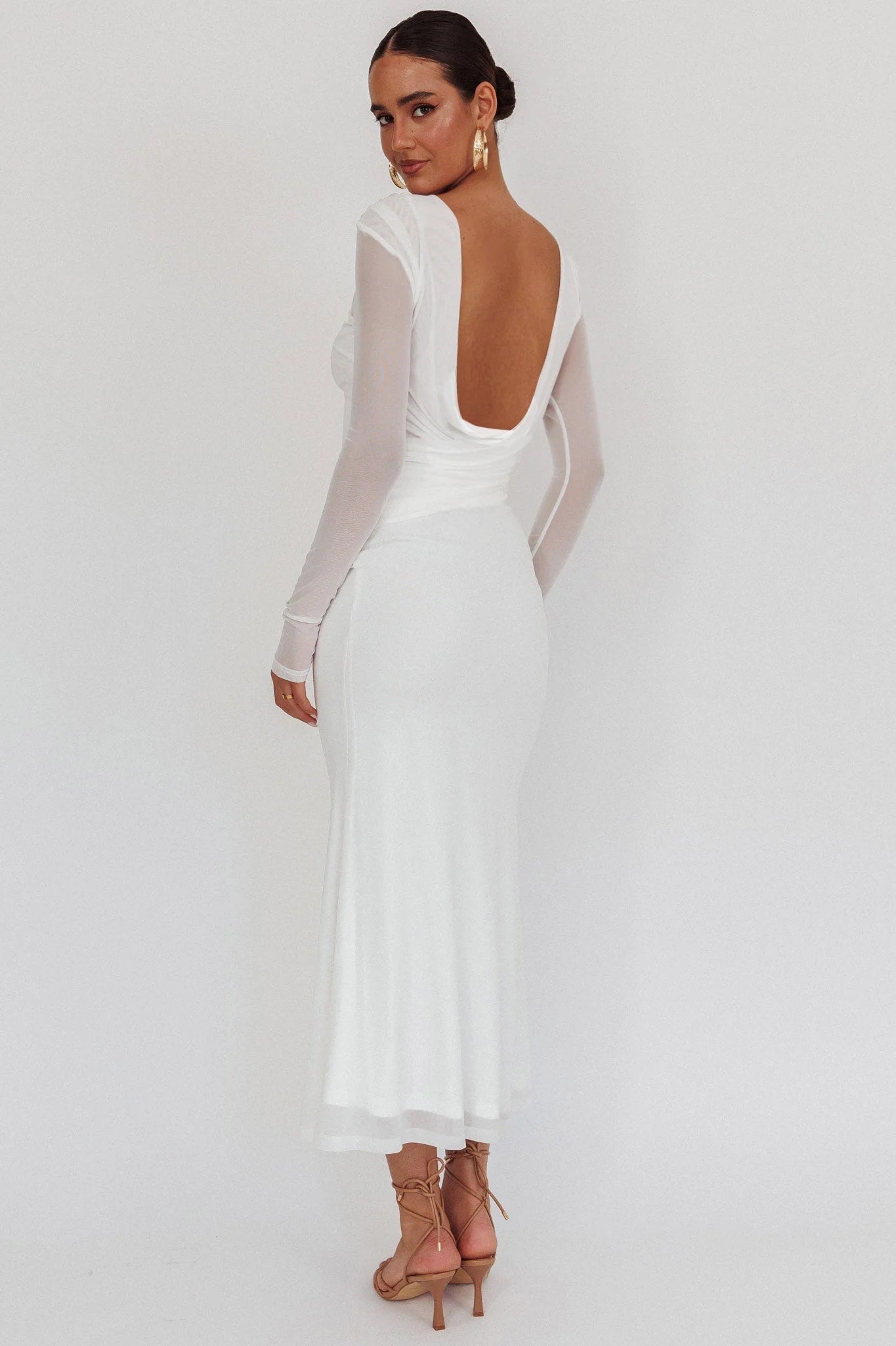 Lustre Open Back Mesh Maxi Dress White