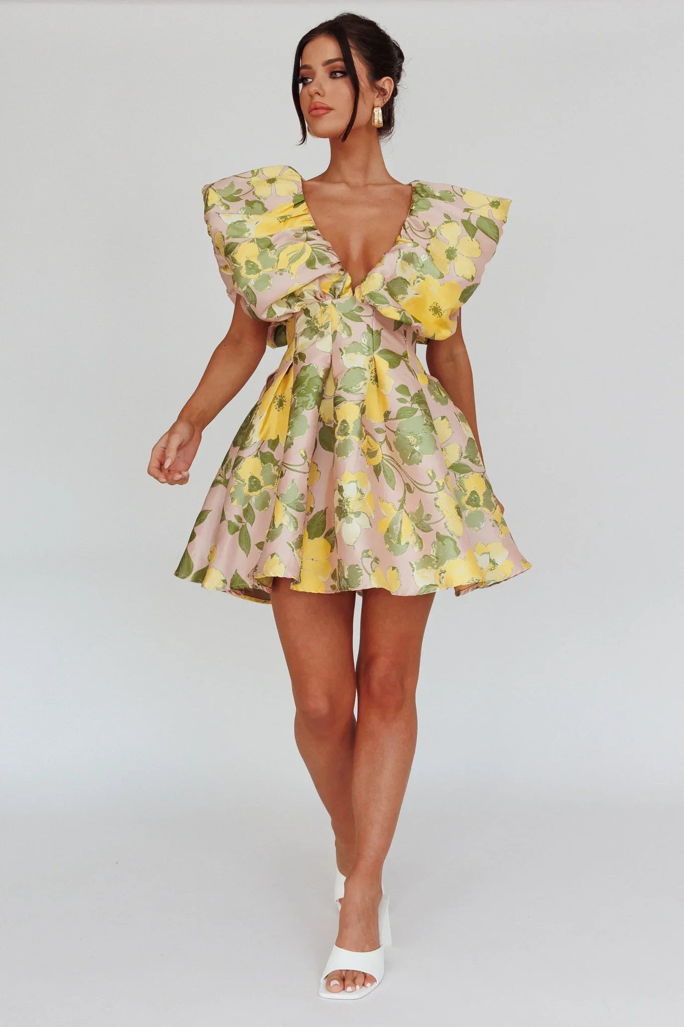 Bennet Puffed Neckline Mini Dress Floral Pink/Yellow