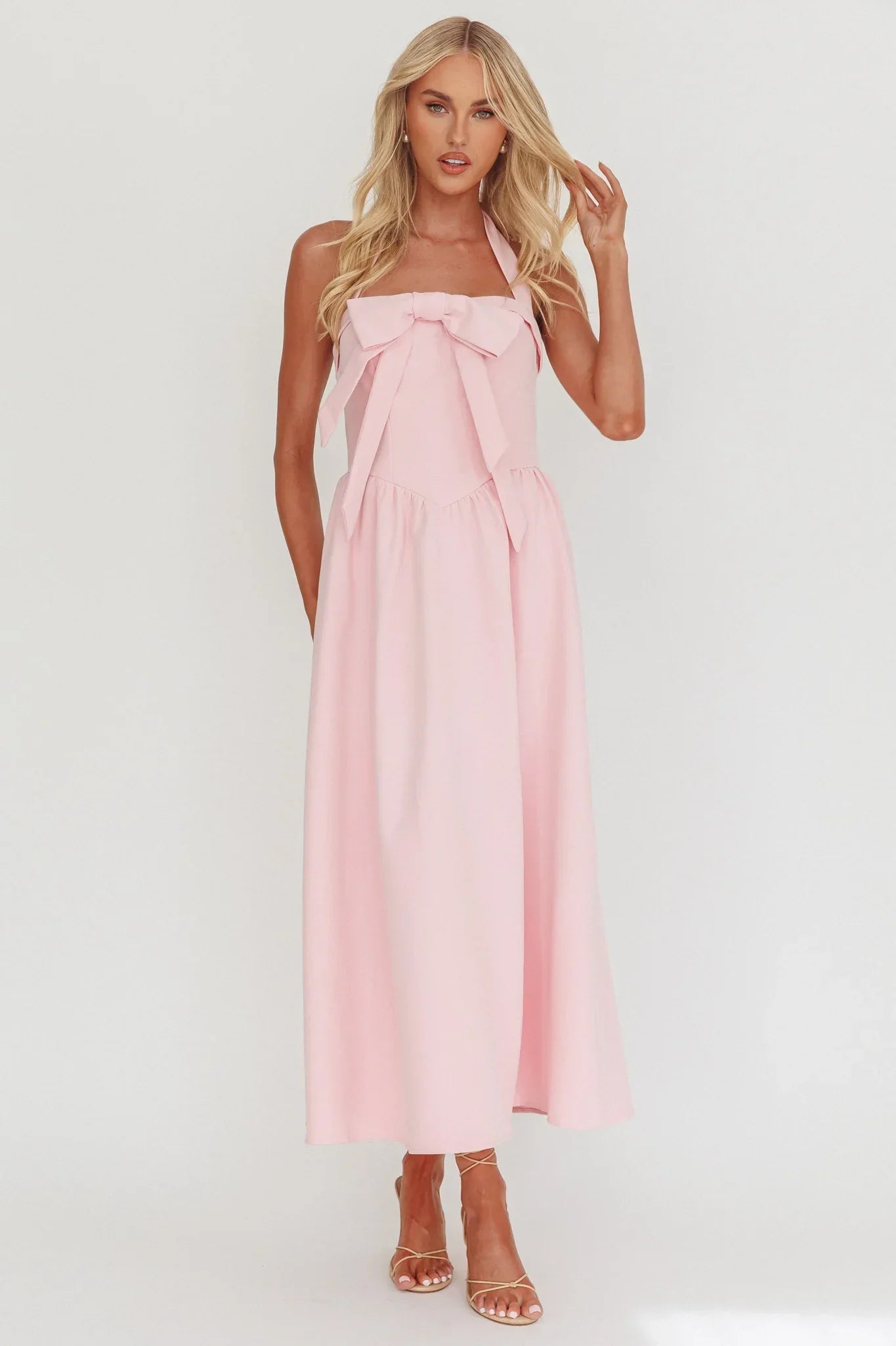 Ariarna Bow Halter Maxi Dress Pink Sorbet