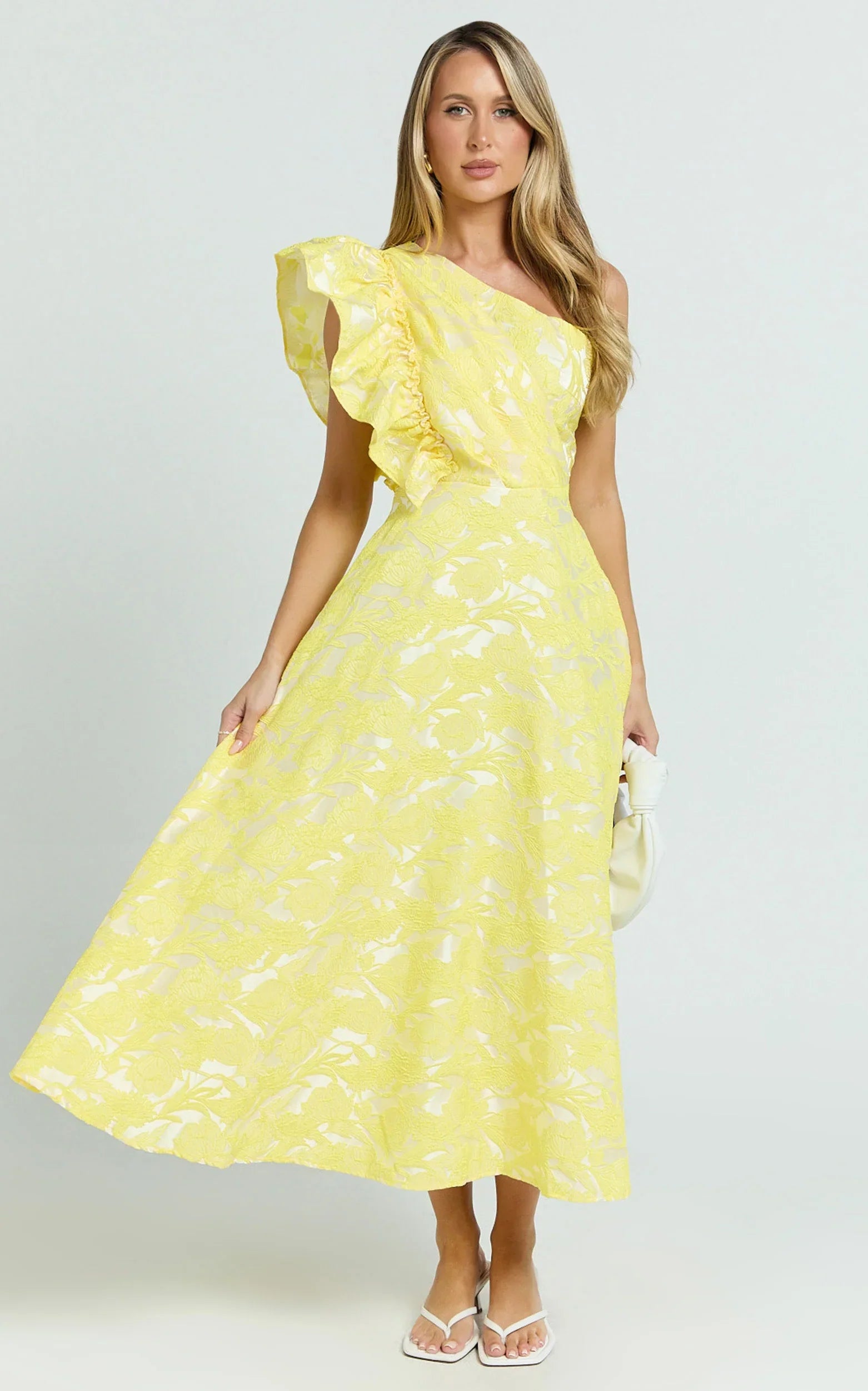 Alfreda Midi Dress One Shoulder Ruffle Detail Brailey Jacquard Dress in Yellow