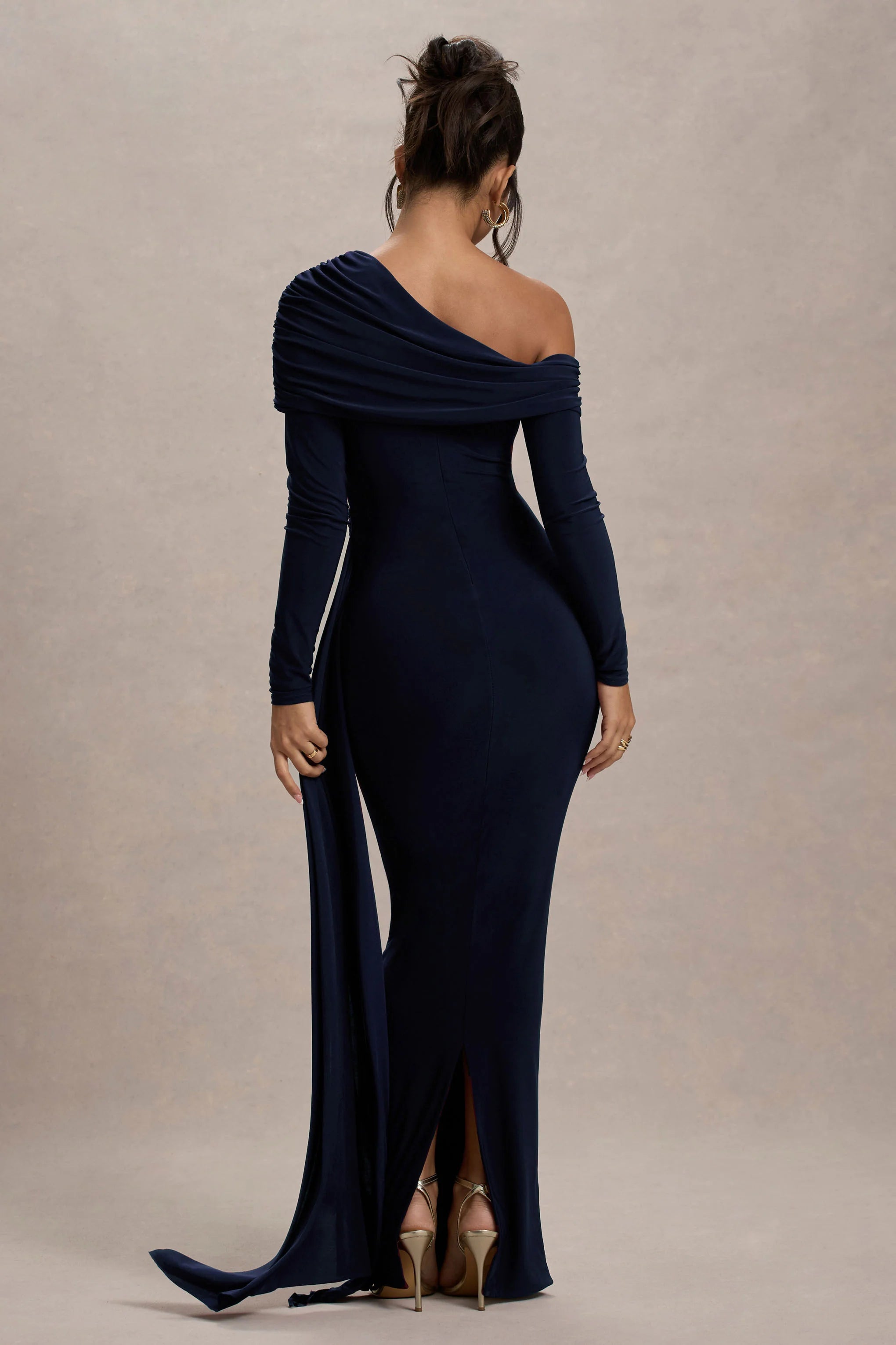 Valina | Navy Ruched Asymmetric Maxi Dress With Drape