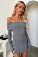 Aaliyah Off Shoulder Knit Mini Dress - Grey