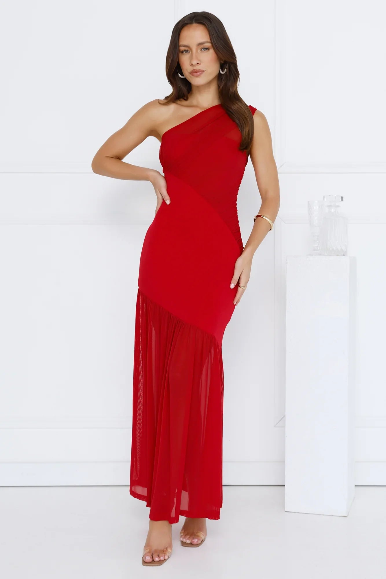Vibe Style One Shoulder Mesh Maxi Dress