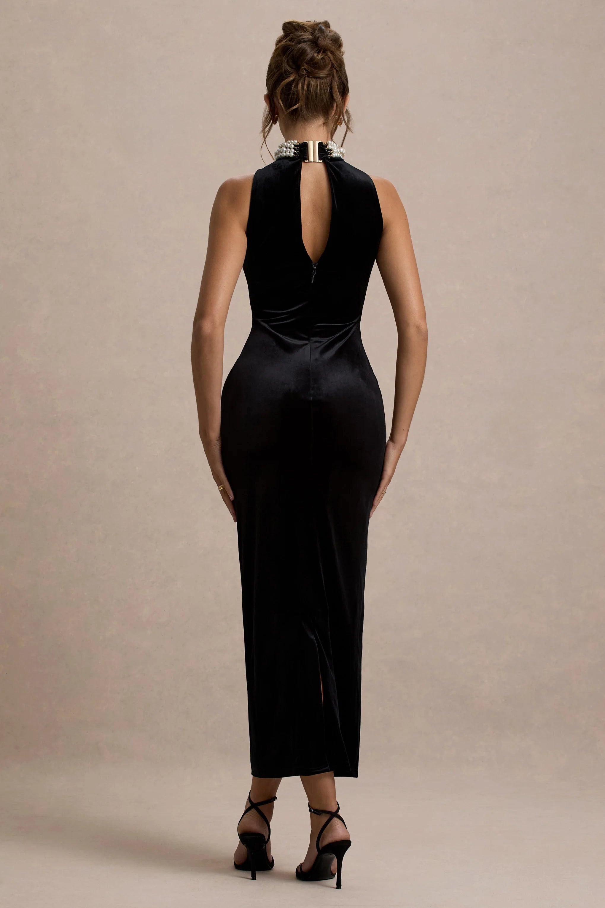 Audrine | Black Velvet Embellished High-Neck Maxi Dress