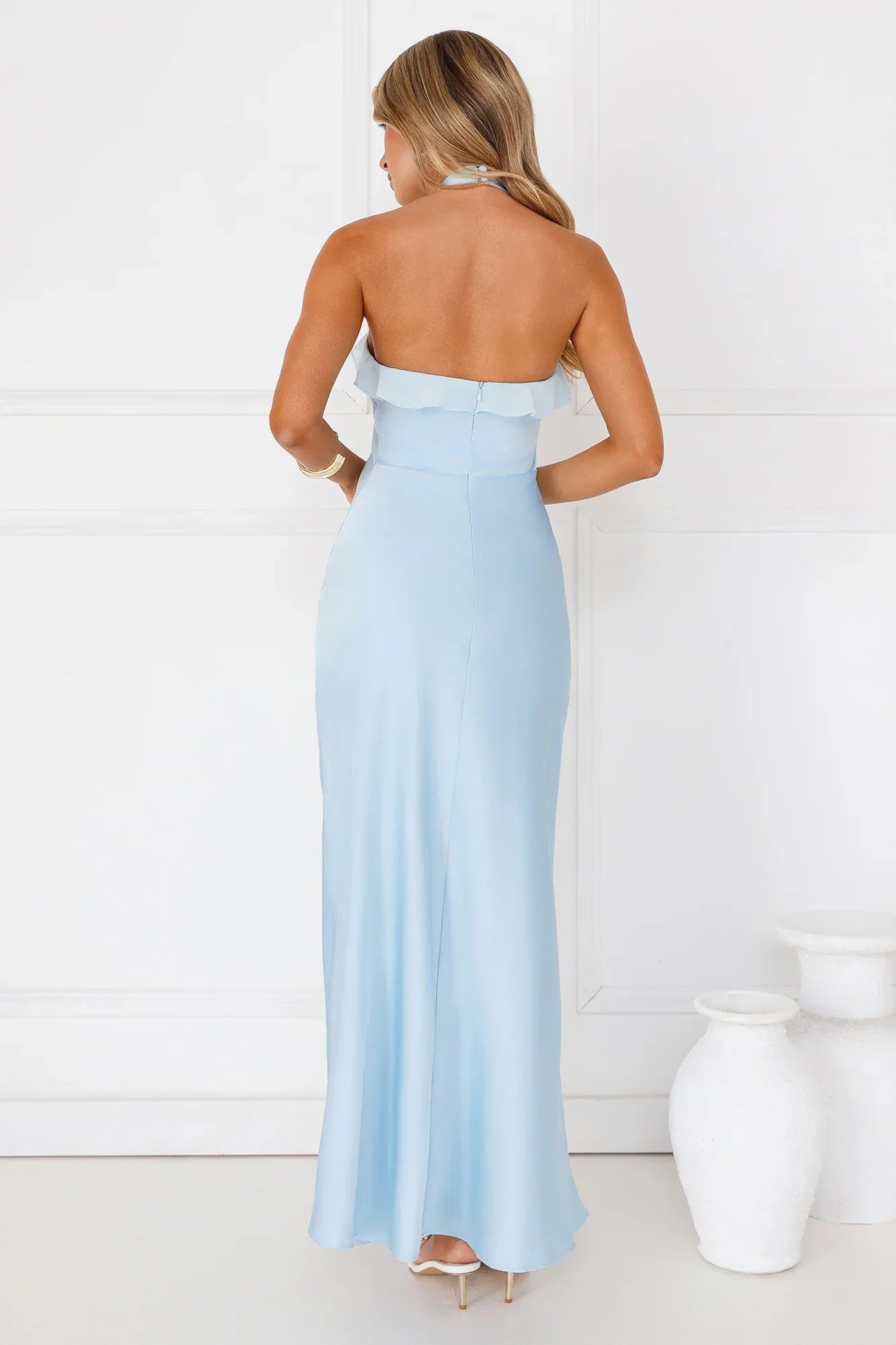 Luxora Lady Halter Satin Maxi Dress Blue