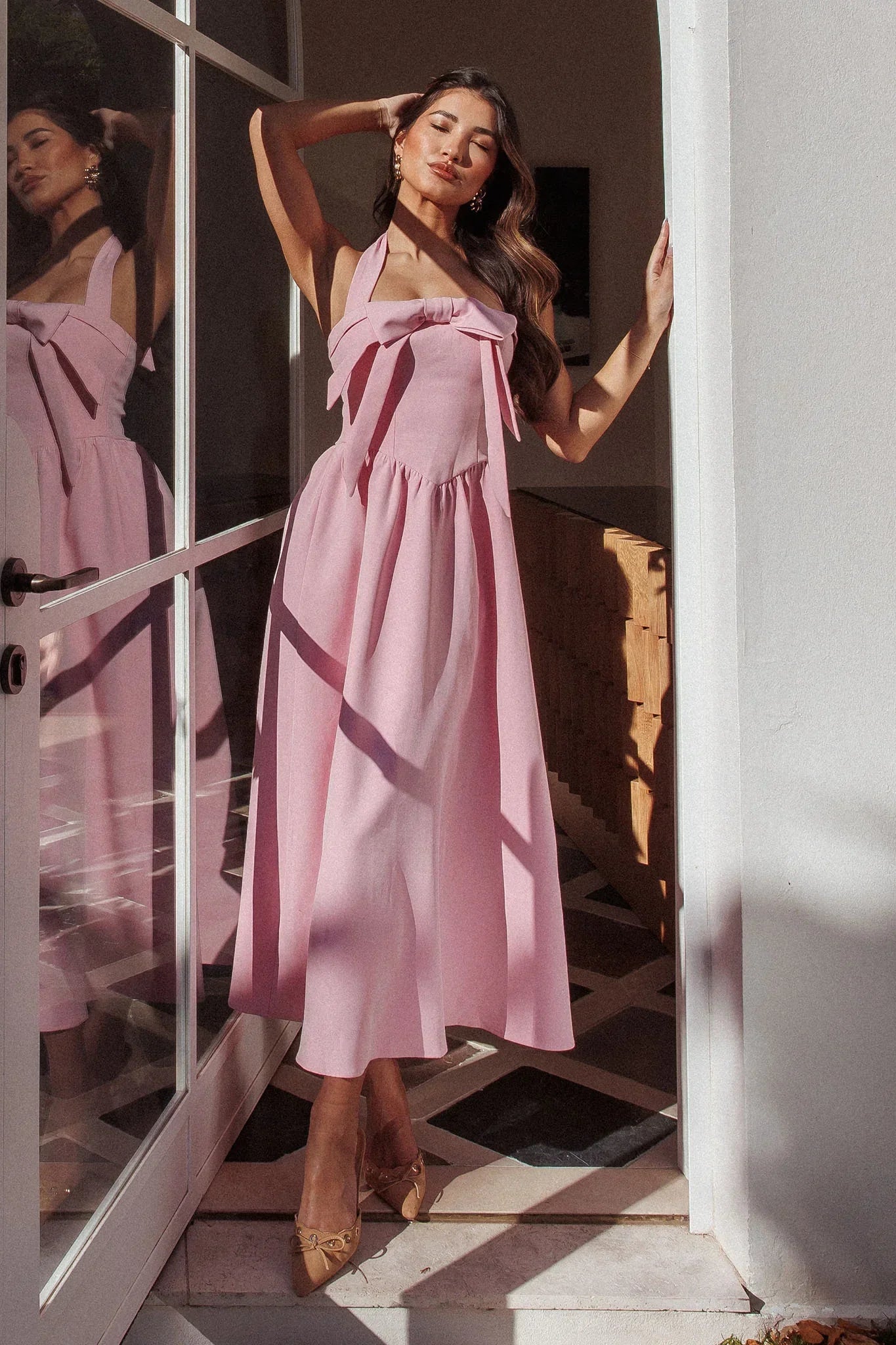 Ariarna Bow Halter Maxi Dress Pink Sorbet