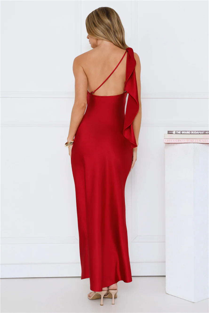 Romantic Tales Satin One Shoulder Maxi Dress
