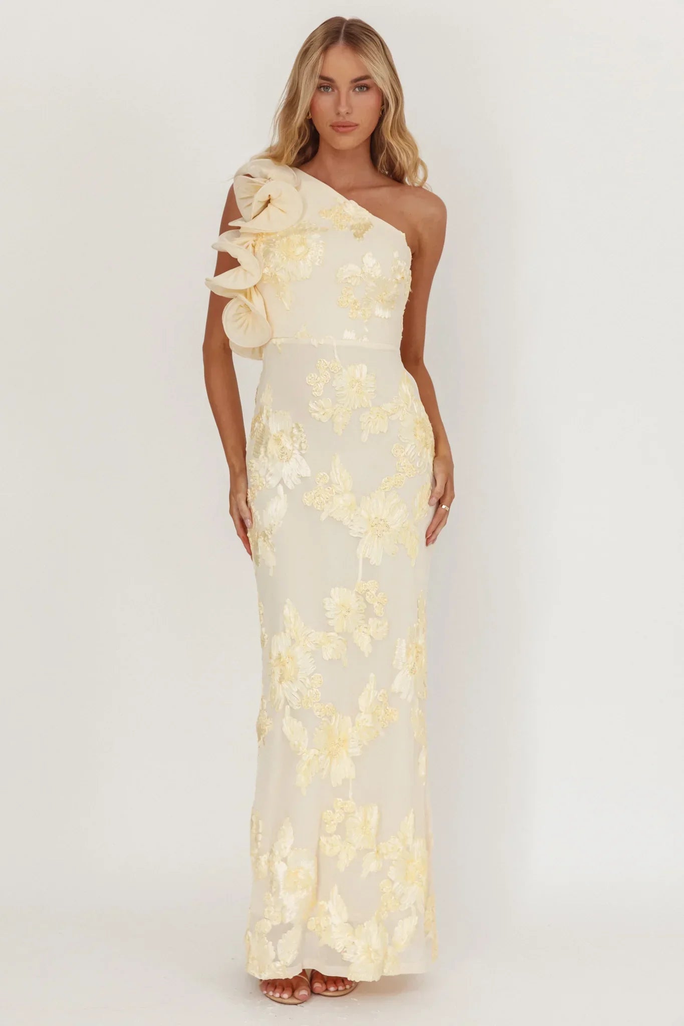 Deanna One-Shoulder Ruffle Maxi Dress Floral Texture Yellow