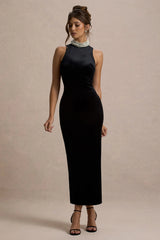 Audrine | Black Velvet Embellished High-Neck Maxi Dress