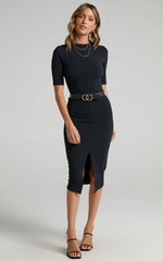 Tall Tales Midi Dress - Bodycon Centre Split Dress in Black
