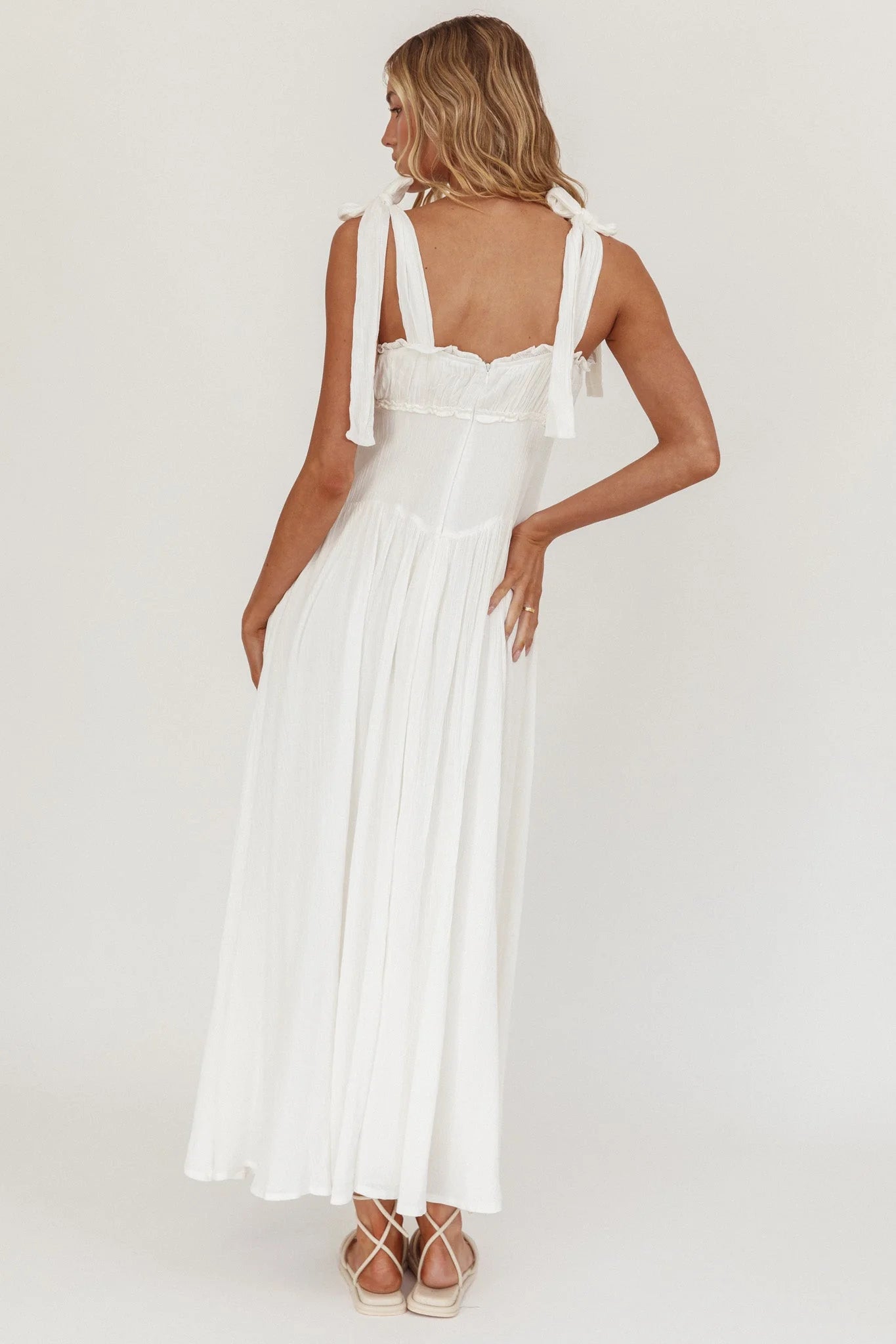 Albury Tied Shoulder Basque Waist Midi Dress White