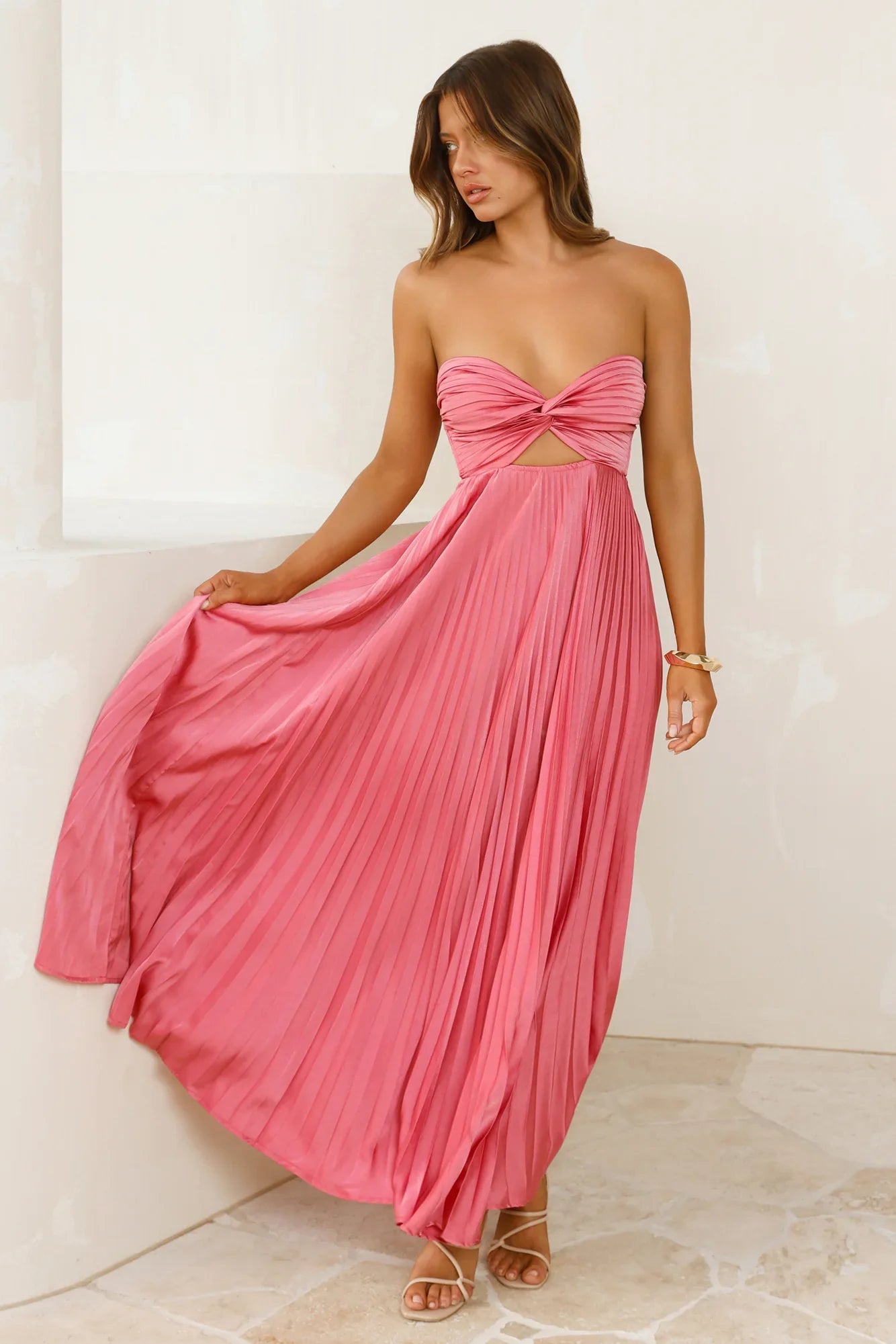 Vibes Are Priceless Strapless Satin Pleated Maxi Dress