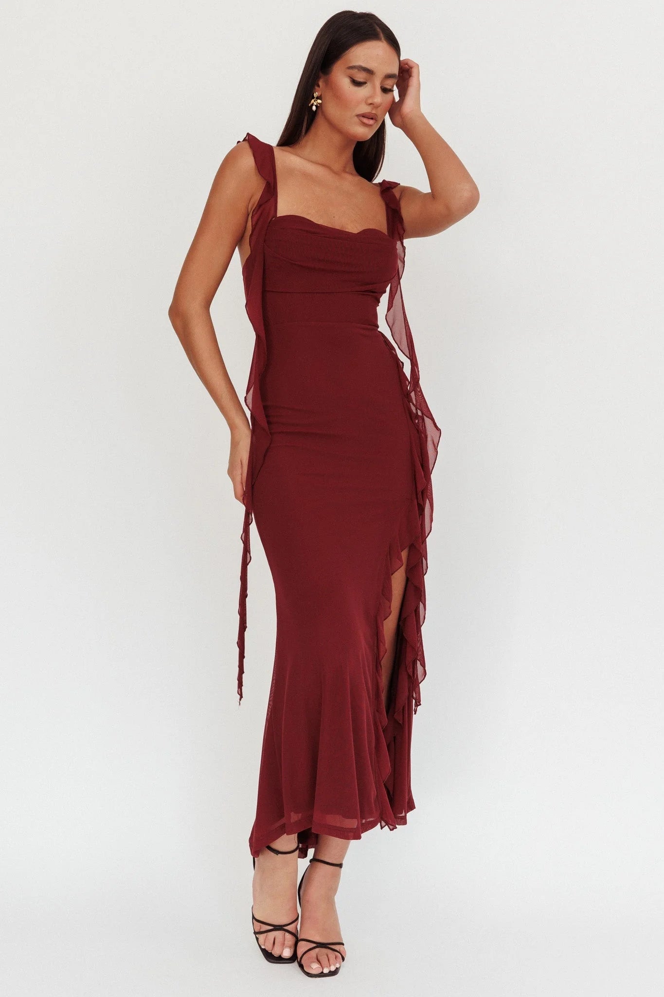 Blushing Ruffle Trim Maxi Dress Wine