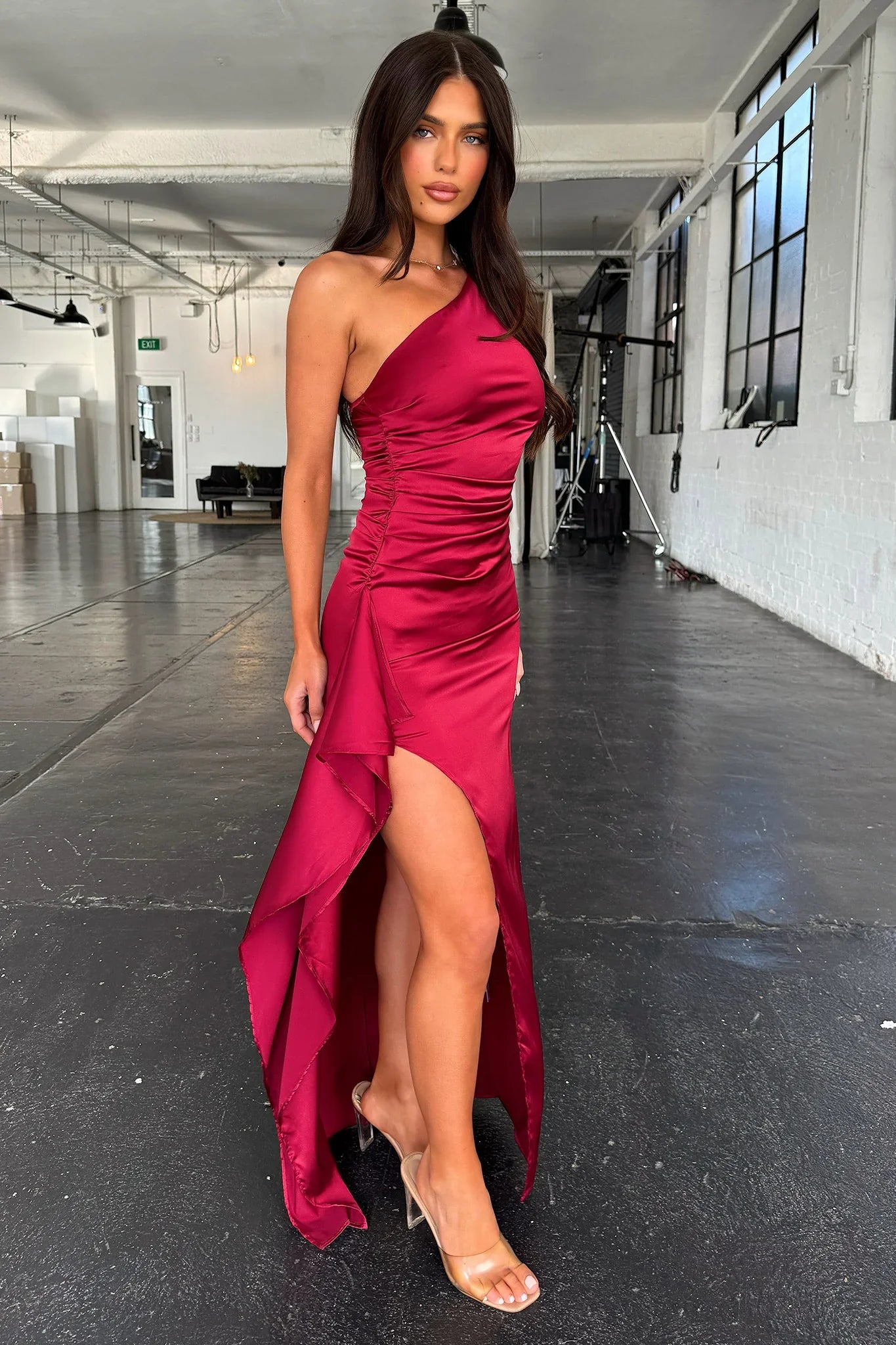 Elianna One Shoulder Satin Maxi Dress - Burgundy