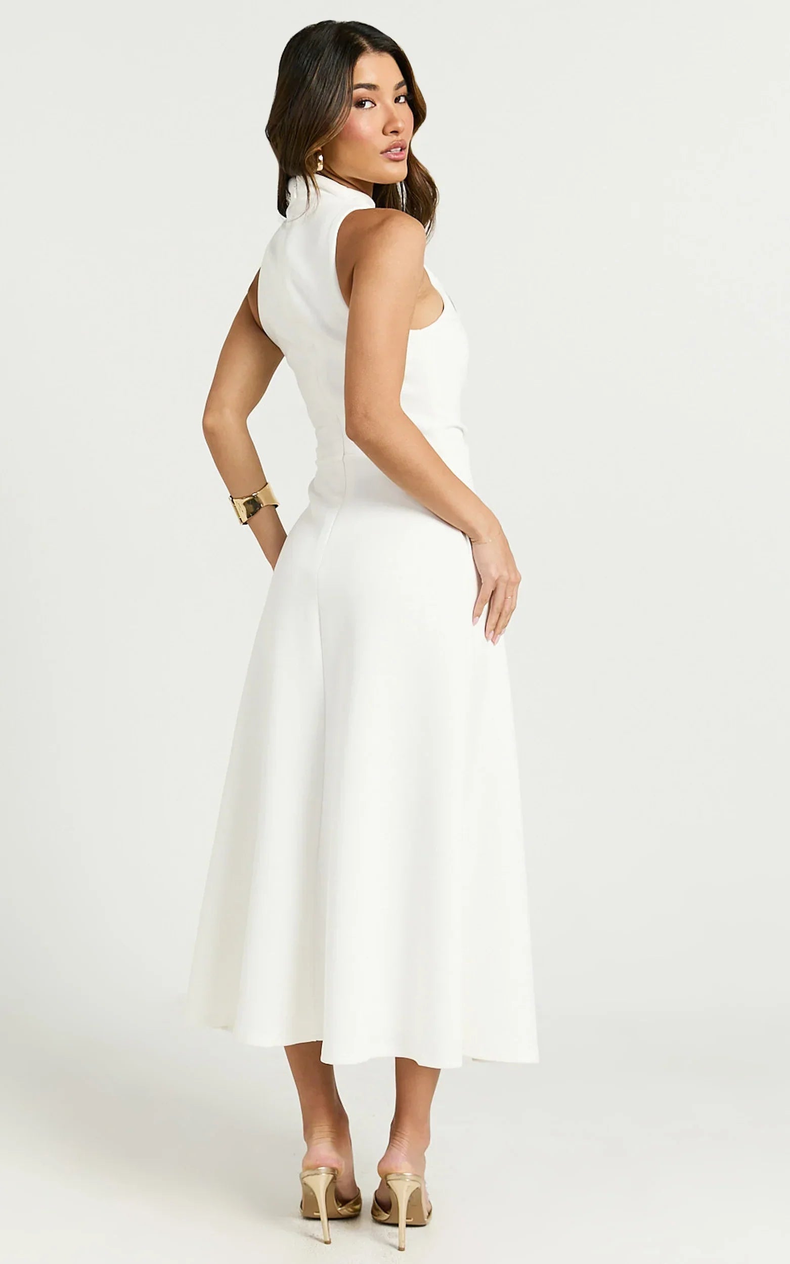 Macy Midi Dress High Neck A Line Dress in Off White