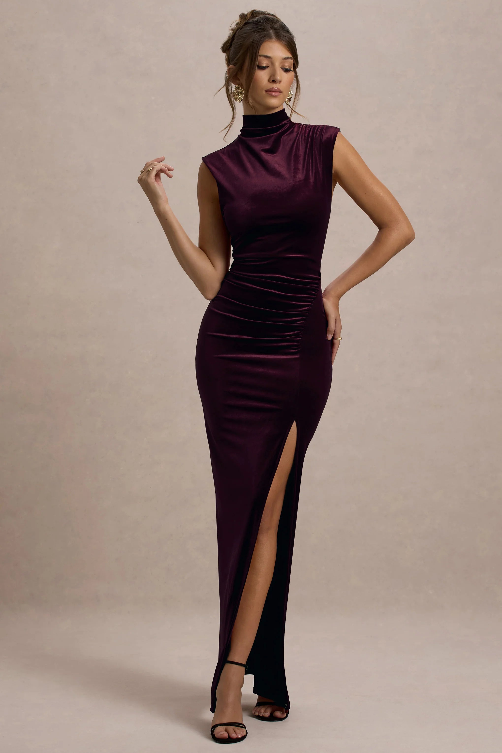 Abilene | Port Velvet High-Neck Split Maxi Dress