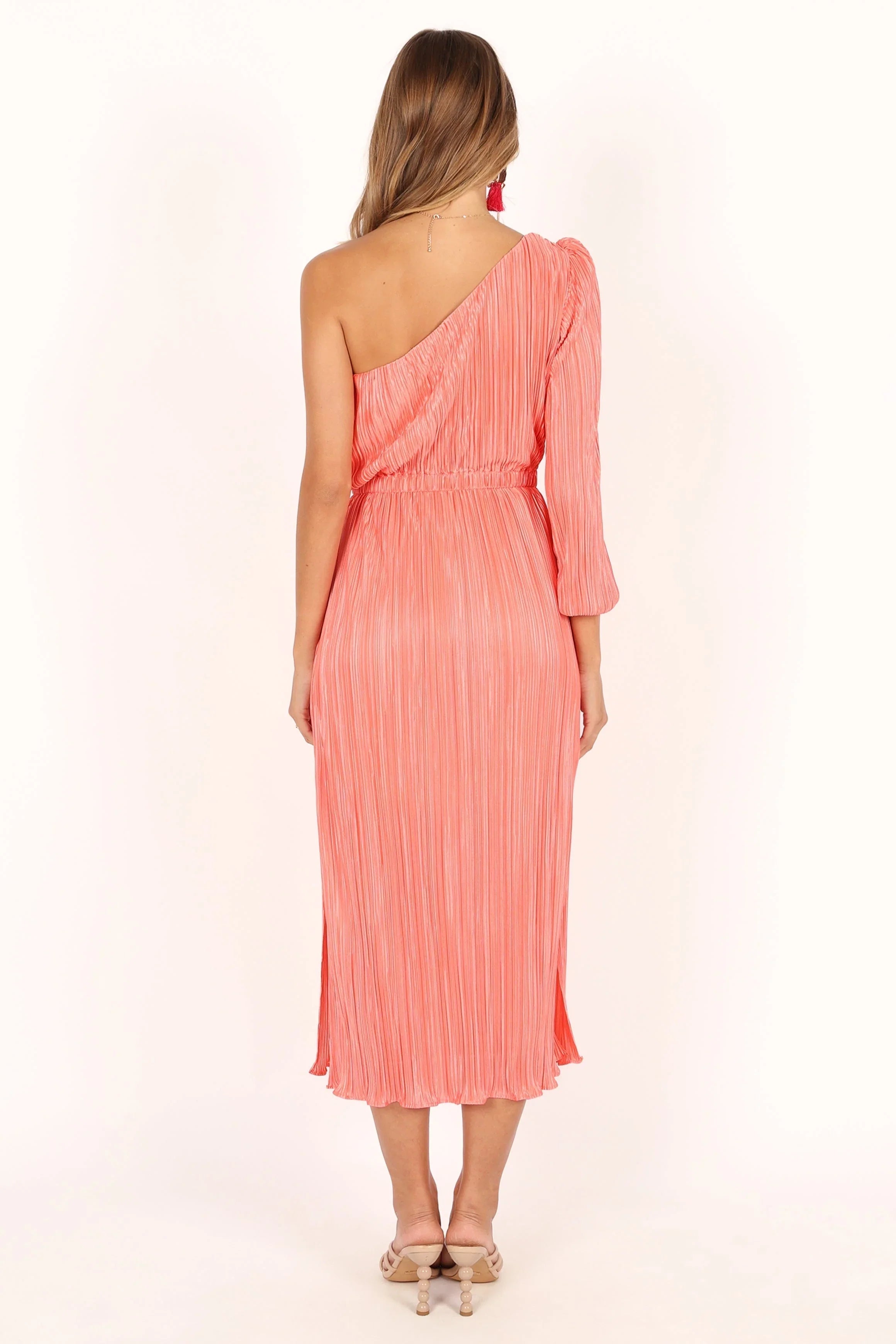 Pontee One Shoulder Pleated Midi Dress - Coral