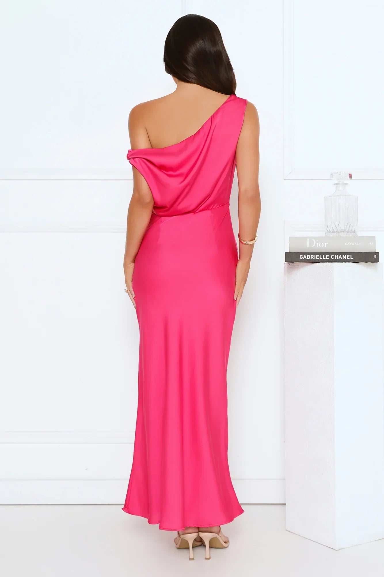 Late Night Luxe Off Shoulder Satin Maxi Dress Pink