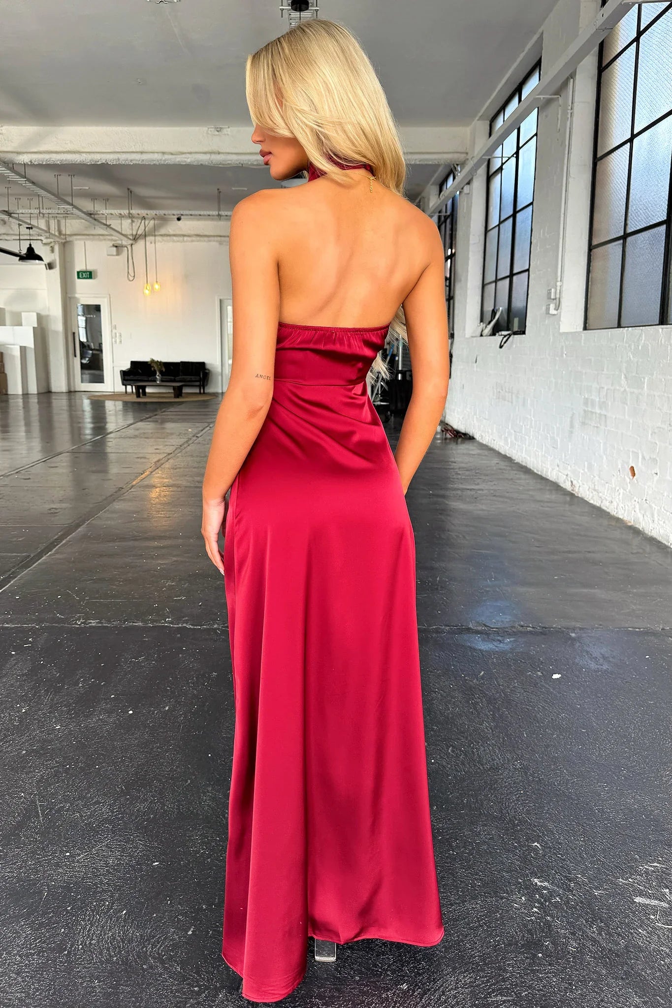 Arabelle High Neck Satin Maxi Dress - Burgundy