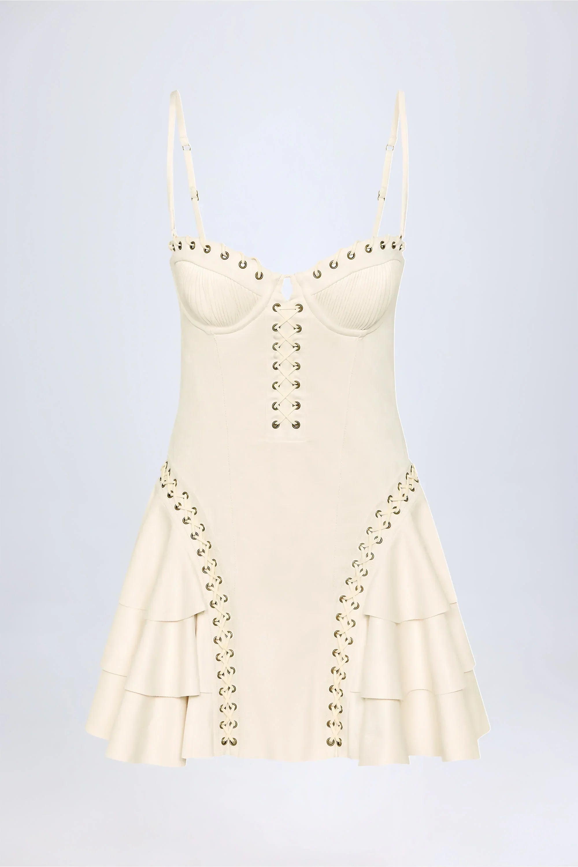 Lace-Up Tiered Corset Mini Dress in Ivory