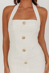 She Is Button Front Halter Midi Dress Tweed White