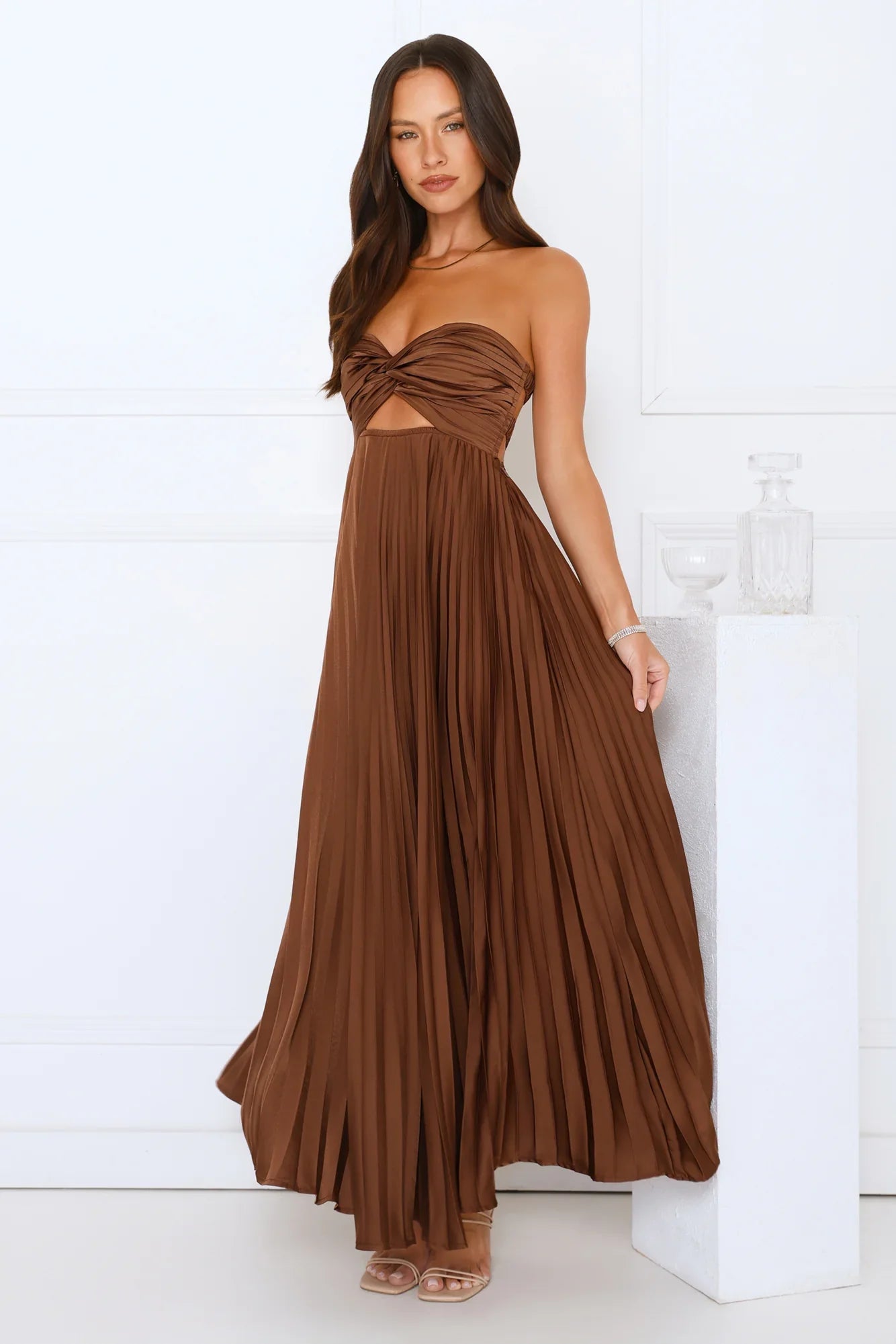 Vibes Are Priceless Strapless Satin Pleated Maxi Dress